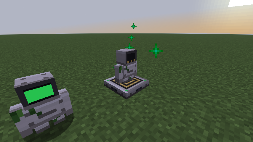 A bot golem charging on a pad, green particles round it