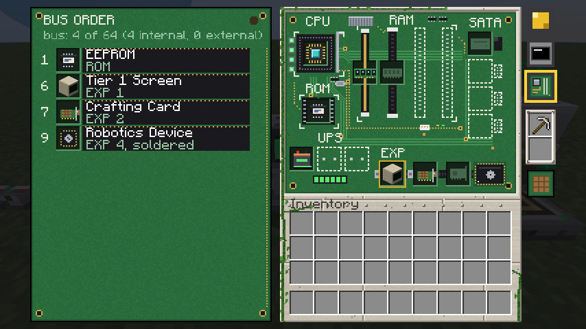 The golem's parts view: the board through its iron chest, its robotics chip soldered at the bottom right