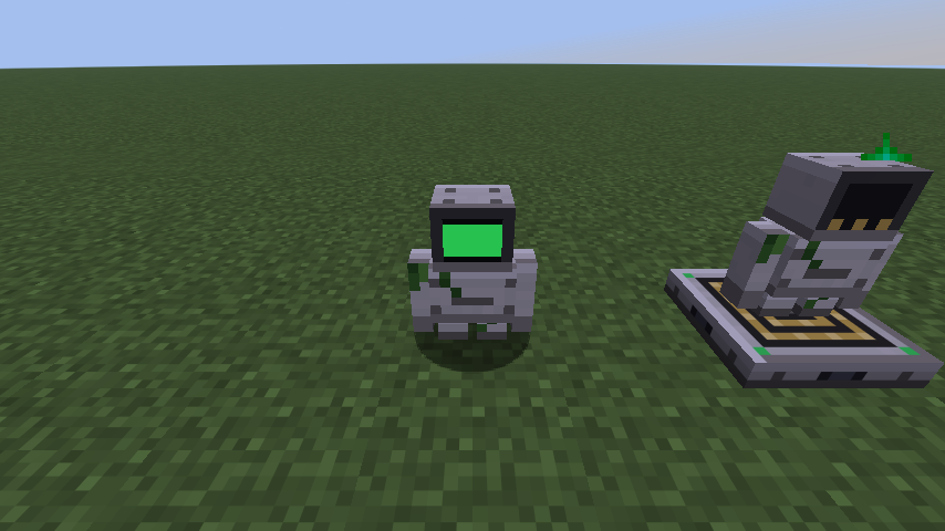 Two bot golems: one with a screen in, its face lit; one without, an empty bezel
