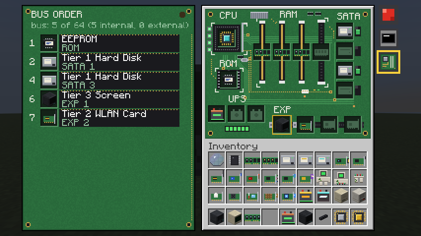 The case view: a motherboard with CPU, RAM, ROM, UPS, SATA and expansion sockets, and the bus order beside it