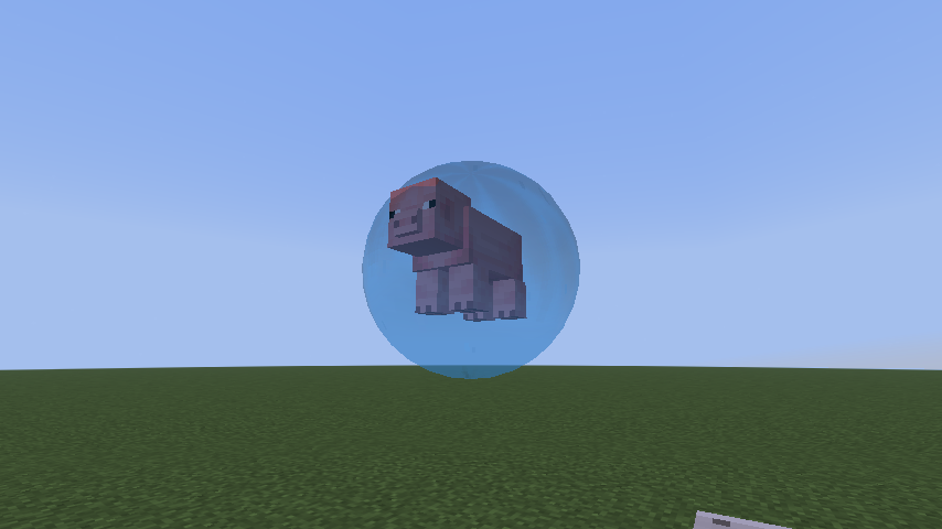 A pig held up in an energy field: a translucent blue sphere round it