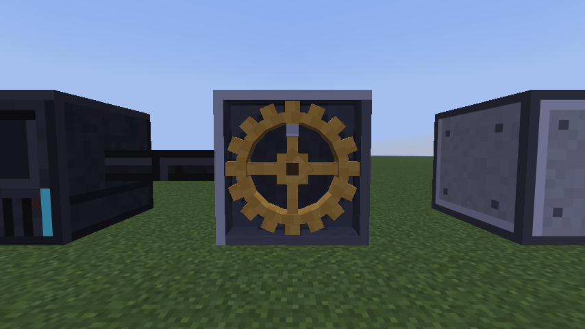 The Photomask block, a golden gear inside a dark frame